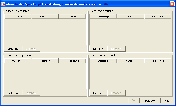 Dialogfeld "Absuche der Speicherplatzauslastung - Laufwerk- und Verzeichnisfilter"
