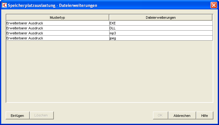  Tabelle "Speicherplatzauslastung - Dateierweiterungen"