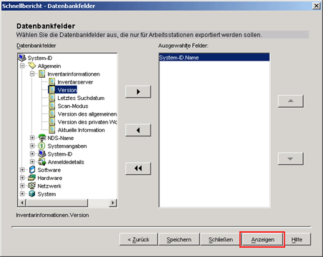 Hier wird auf die Schaltfläche "Anzeigen" auf der Seite "Datenbankfelder" geklickt.