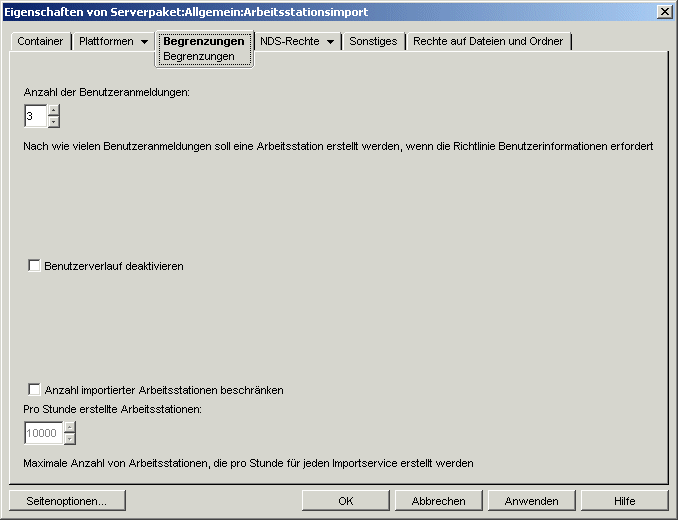 Die Seite "Begrenzungen" der Arbeitsstationsimport-Richtlinie.