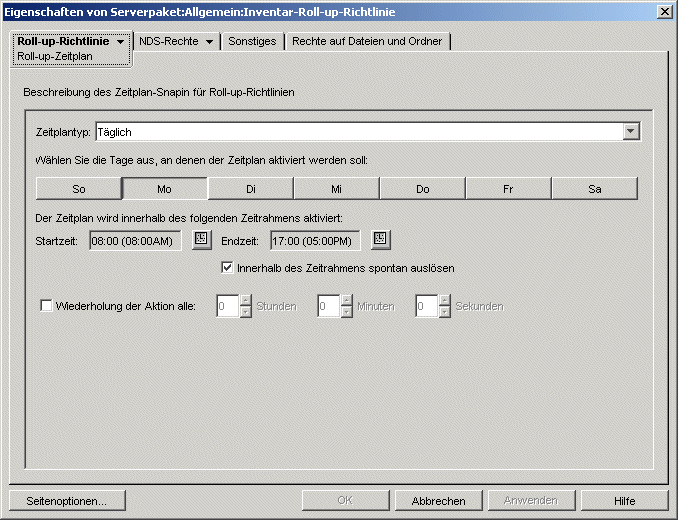Die Seite "Roll-up-Zeitplan".