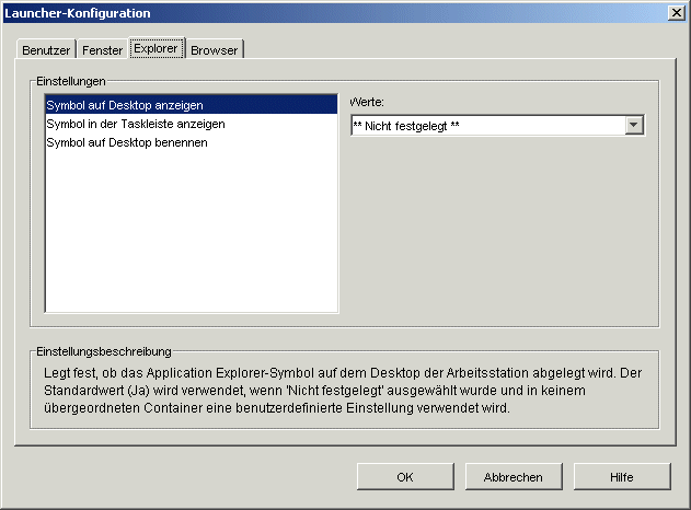 Dialogfeld "Launcher-Konfiguration" mit angezeigter Registerkarte "Explorer"