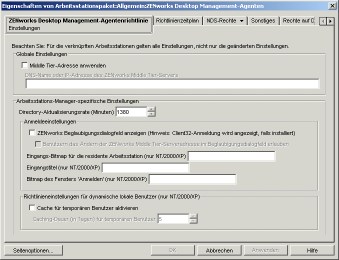 Die Seite "Einstellungen" der Desktop Management-Agentenrichtlinie.