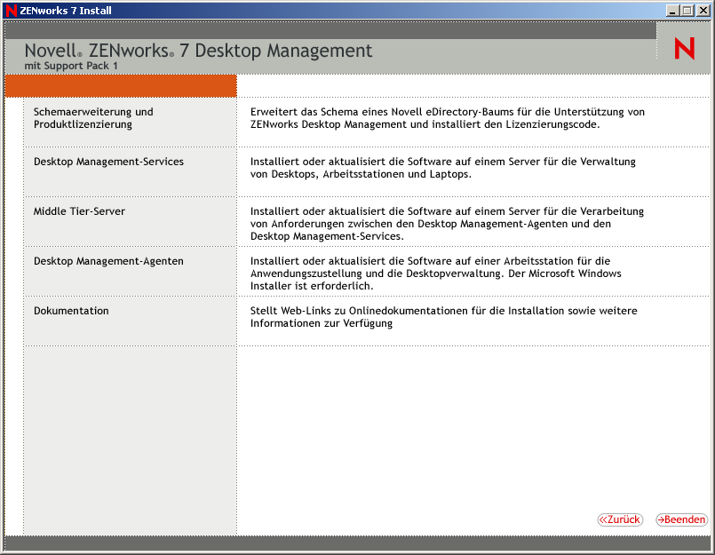 Das Menü des Installationsprogramms von ZENworks Desktop Management.