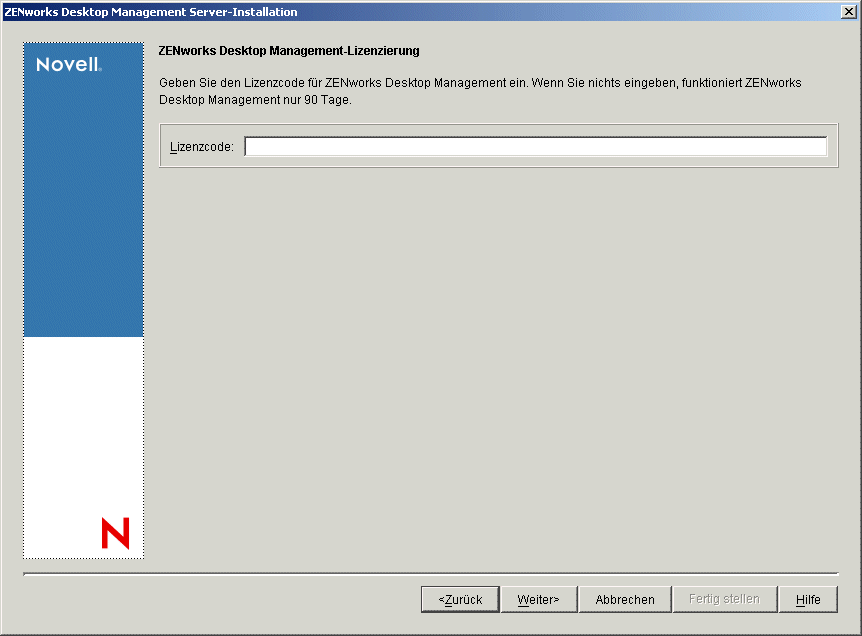 Die Seite "ZENworks Desktop Management-Lizenzierung" des Installationsassistenten von ZENworks Desktop Management.