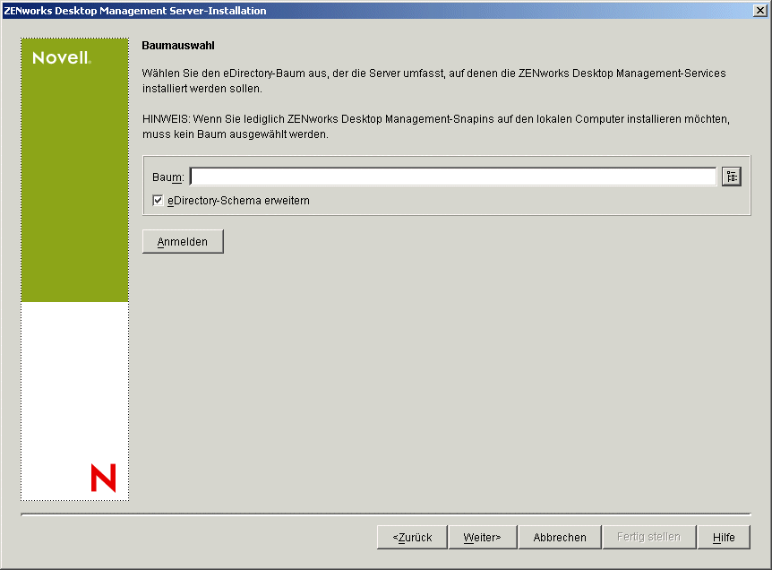 Die Seite "Baumauswahl" des Installationsassistenten von ZENworks Desktop Management.