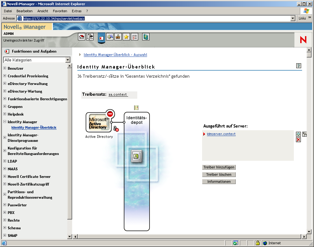 Die Konfigurationsseite "Active Directory – eDirectory" im Dienstprogramm "Identity Manager – Überblick" in Novell iManager.