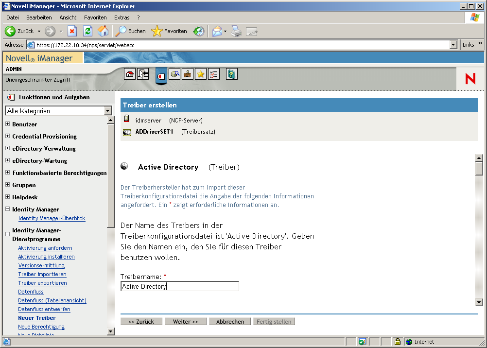Fenster des Assistenten zum Erstellen von Treibern auf der Hauptseite von Novell iManager. Die Seite für den Active Directory-Treibersatz" ist geöffnet.