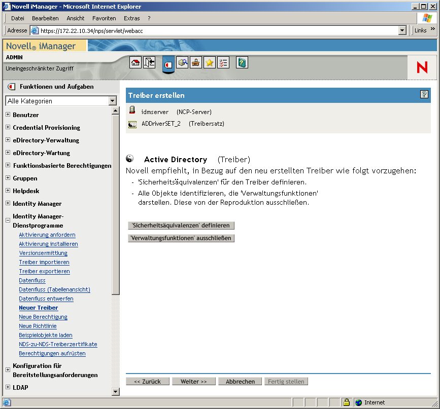 Fenster des Assistenten zum Erstellen von Treibern auf der Hauptseite von Novell iManager. Die Seite "Sicherheitsäquivalenzen" ist geöffnet.