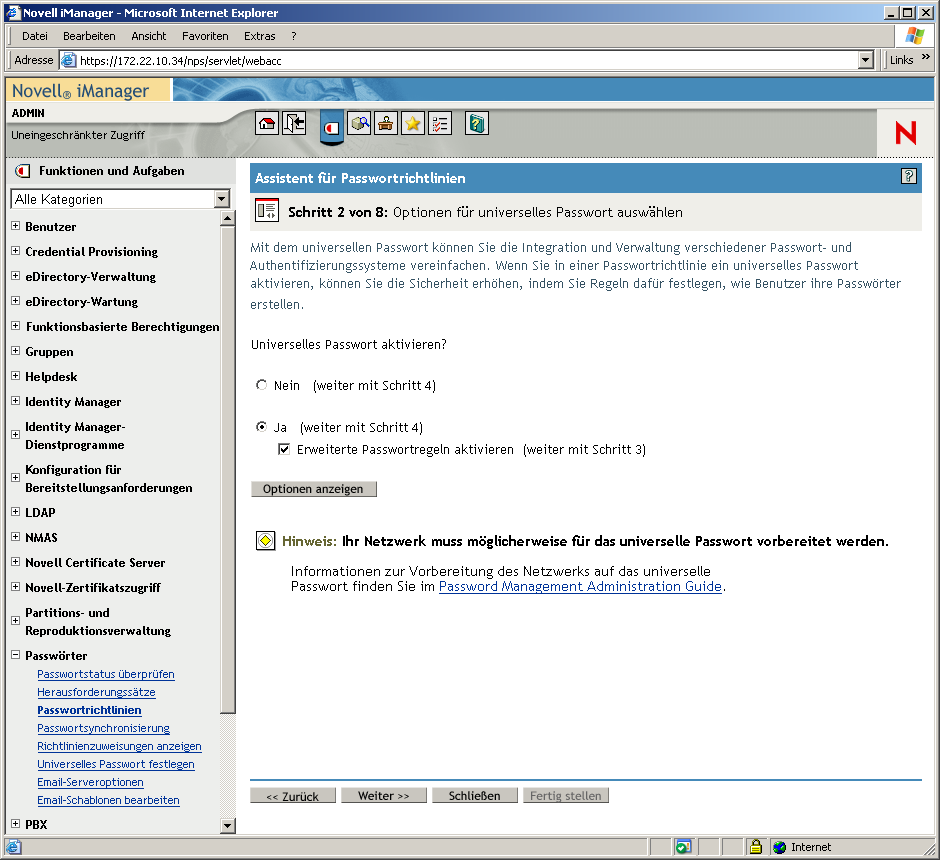 Seite "Schritt 2" des Assistenten für Passwortrichtlinien in Novell iManager.
