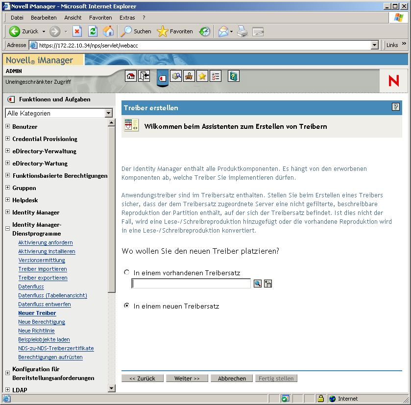 Fenster des Assistenten zum Erstellen von Treibern auf der Hauptseite von Novell iManager.