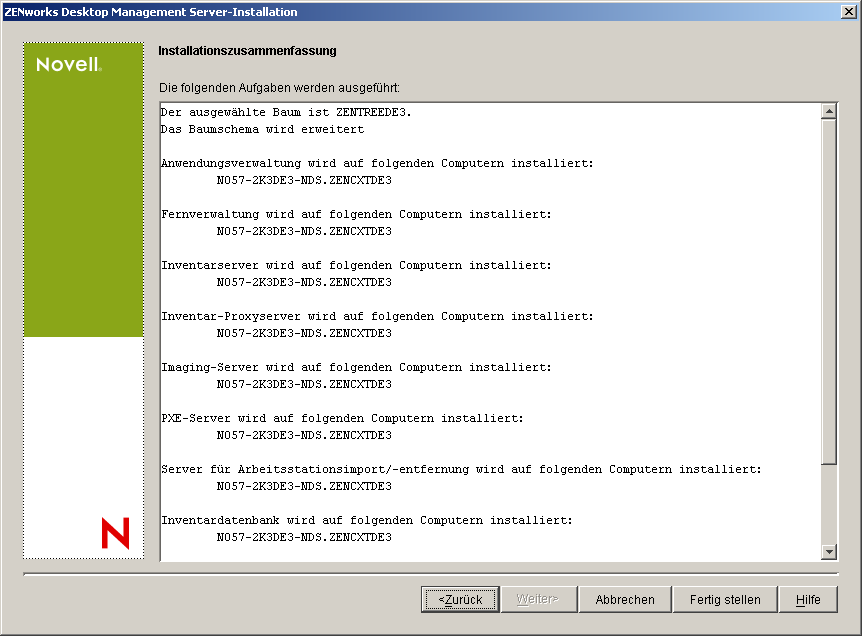 Die Seite "Installationszusammenfassung".