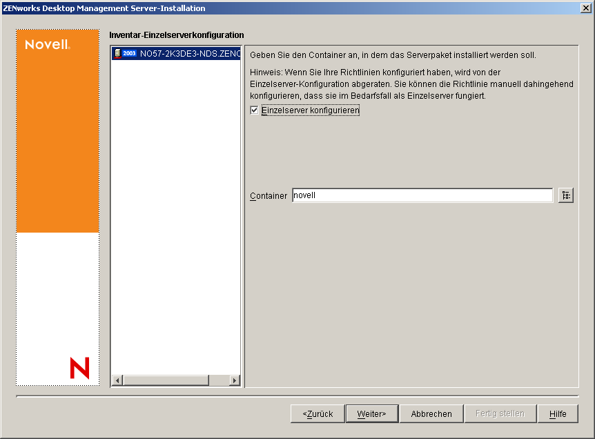 Die Seite "Inventar-Einzelserverkonfiguration".
