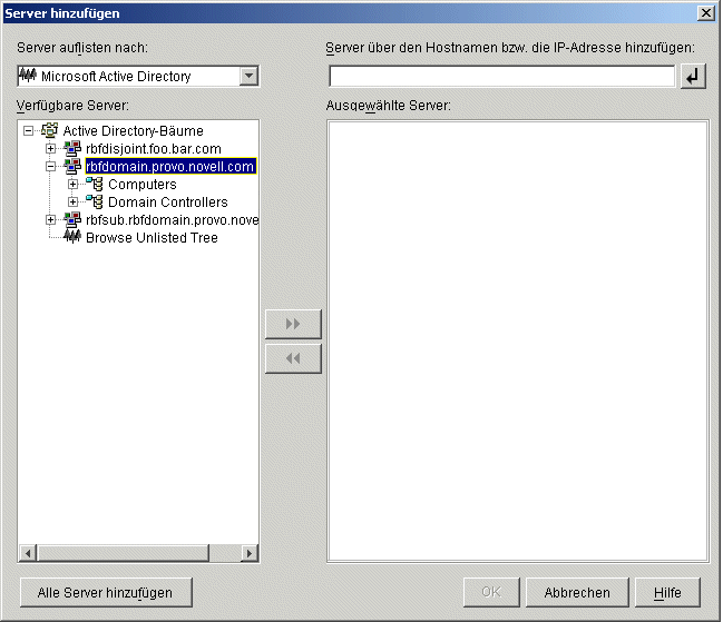 Das über die Seite "Serverauswahl" des Installationsassistenten von ZENworks Middle Tier Server aufgerufene Dialogfeld "Server hinzufügen". Das Dialogfeld zeigt die Option "Active Directory" in der Dropdown-Liste "Server auflisten nach".