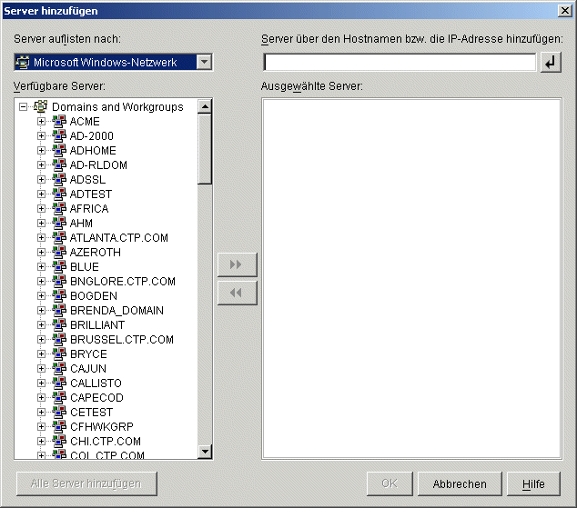 Das über die Seite "Serverauswahl" des Installationsassistenten von ZENworks Middle Tier Server aufgerufene Dialogfeld "Server hinzufügen". Das Dialogfeld zeigt die Option "Microsoft-Domäne" in der Dropdown-Liste "Server auflisten nach".