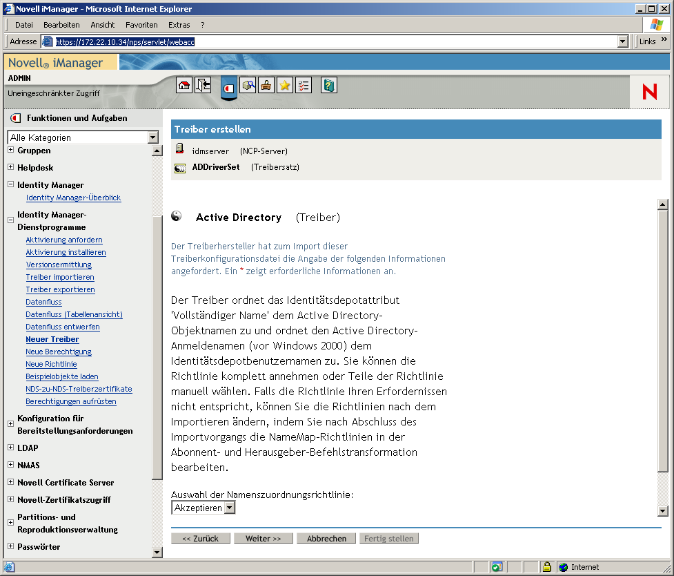 Fenster des Assistenten zum Erstellen von Treibern auf der Hauptseite von Novell iManager. Die Seite für den Active Directory-Treibersatz" ist geöffnet.