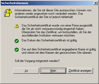 Dialogfeld mit Sicherheitsmeldung