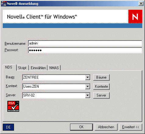 Das Anmeldedialogfeld von Novell Client mit der erweiterten NDS-Anmeldekonfiguration.