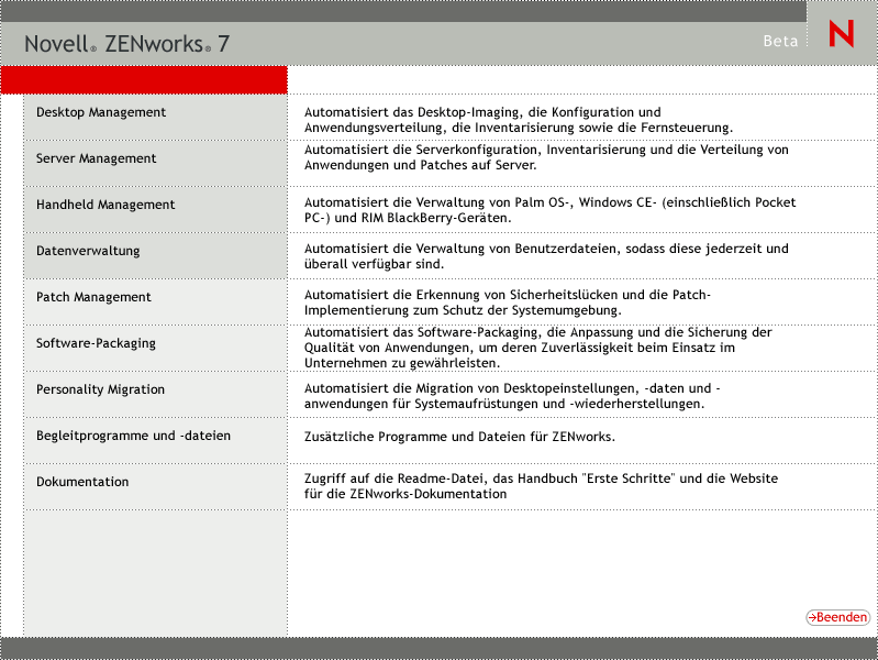 Die erste Seite des ZENworks-Installationsprogramms mit den allgemeinen Installationsoptionen.