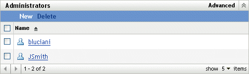 Liste der Administratoren auf der Seite „Konfiguration“