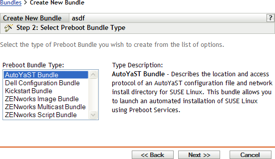 Schritt 2 - Seite zur Erstellung eines neuen Bundles: „Preboot-Bundle-Typ auswählen“