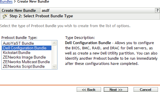 Schritt 2 - Seite zur Erstellung eines neuen Bundles: „Preboot-Bundle-Typ auswählen“