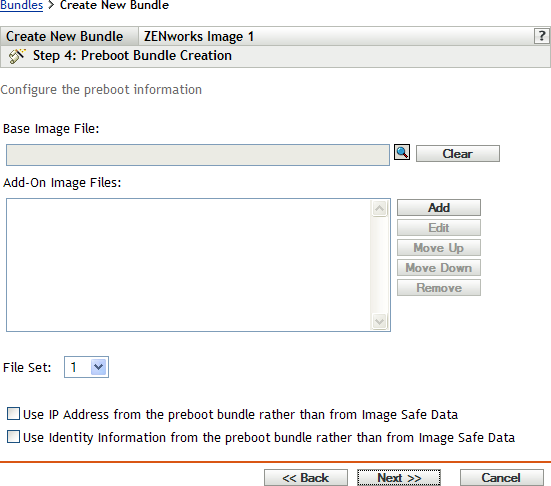 Schritt 4: Seite zur Erstellung eines neuen Bundles: Erstellung eines Preboot-Bundles (Felder „Grundlegende Image-Datei“, „Add-On Image-Dateien“ und „Dateisätze“)