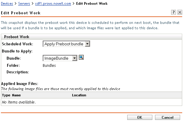 Seite „Preboot-Arbeit bearbeiten“. Im Feld „Geplante Arbeit“ ist die Option „Preboot-Bundle anwenden“ ausgewählt (Die Felder „Anzuwendendes Bundle“ und „Angewendete Image-Dateien“ werden ebenfalls angezeigt)