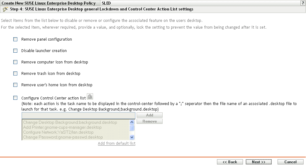 Seite „Sperreinstellungen für SUSE Linux Enterprise Desktop und Listeneinstellungen für Kontrollzentrum-Aktionen“