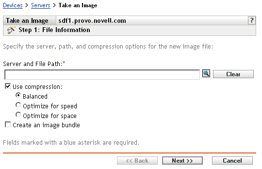 Schritt 1: Seite zur Erstellung eines neuen Bundles: Dateiinformationen (Felder „Server und Dateipfad“, „Komprimierung verwenden“ und „Ein Image-Bundle erstellen“)