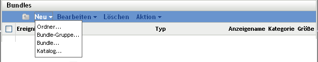 Karteireiter Bundles, Optionen des Menüs Neu
