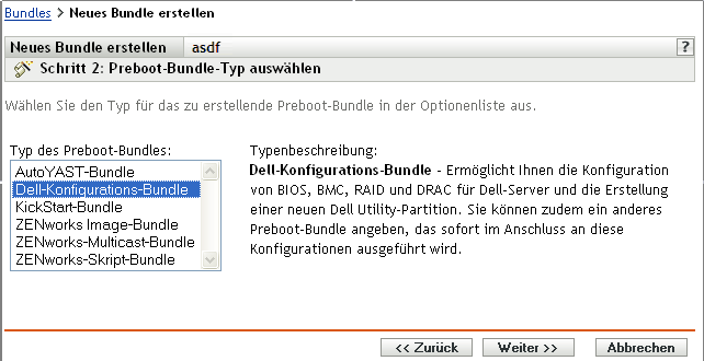 Schritt 2 - Seite zur Erstellung eines neuen Bundles: Preboot-Bundle-Typ auswählen