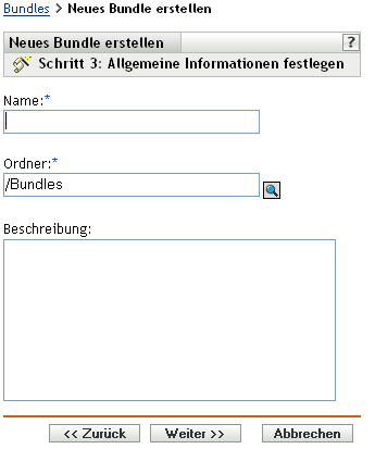 Schritt 3 - Seite zur Erstellung eines neuen Bundles: Allgemeine Informationen einstellen (Felder für Name, Ordner und Beschreibung)