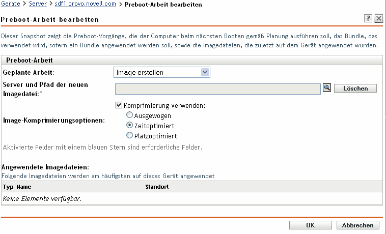 Seite Preboot-Arbeit bearbeiten. Im Feld Geplante Arbeit ist die Option Image erstellen ausgewählt (Die Felder Server und Pfad der neuen Image-Datei, Image-Komprimierungsoptionen und Angewendete Image-Dateien werden ebenfalls angezeigt)