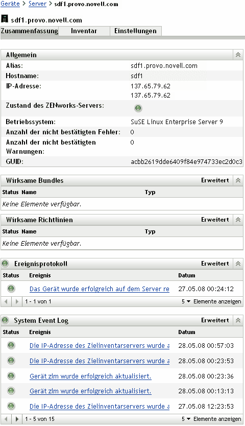 Serverzusammenfassungsseite