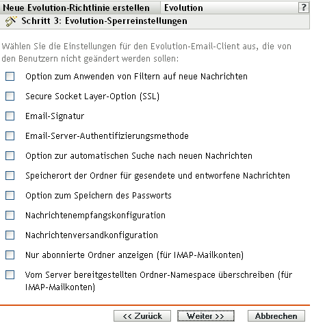 Seite Evolution-Sperreinstellungen