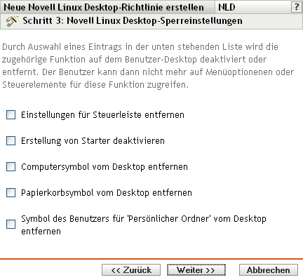 Seite Novell Linux Desktop-Sperreinstellungen