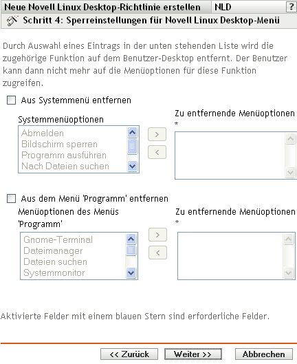 Seite Sperreinstellungen für Novell Linux Desktop-Menü