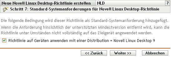 Seite Standard-Systemanforderungen für Novell Linux Desktop-Richtlinie