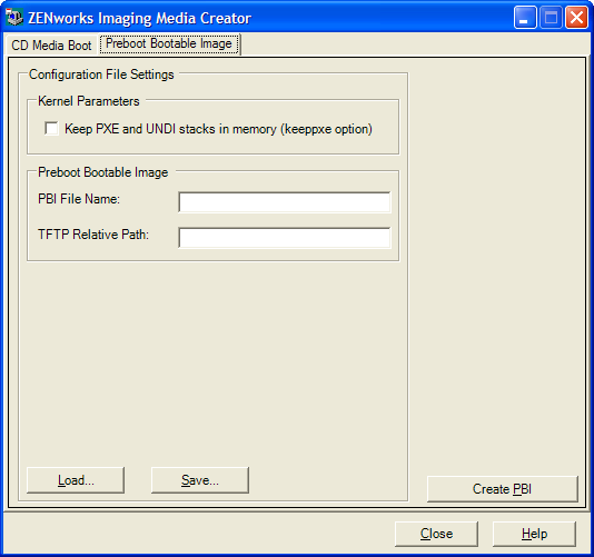 Imaging Media Creator: Registerkarte Preboot Bootable Image