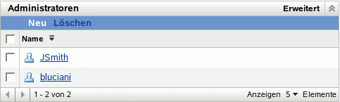 Liste der Administratoren auf der Seite "Konfiguration"