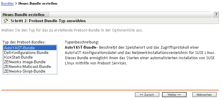 Seite "Schritt 2" zum Erstellen eines neuen Bundles: Preboot-Bundle-Typ auswählen