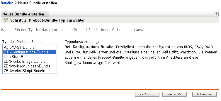 Seite "Schritt 2" zum Erstellen eines neuen Bundles: Preboot-Bundle-Typ auswählen