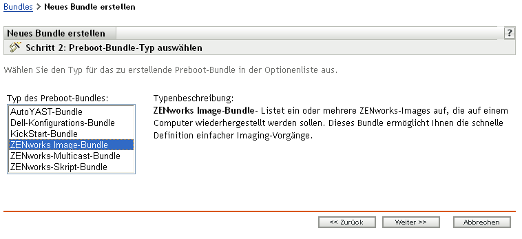 Seite "Schritt 2" zum Erstellen eines neuen Bundles: Preboot-Bundle-Typ auswählen