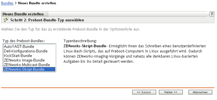 Seite "Schritt 2" zum Erstellen eines neuen Bundles: Preboot-Bundle-Typ auswählen