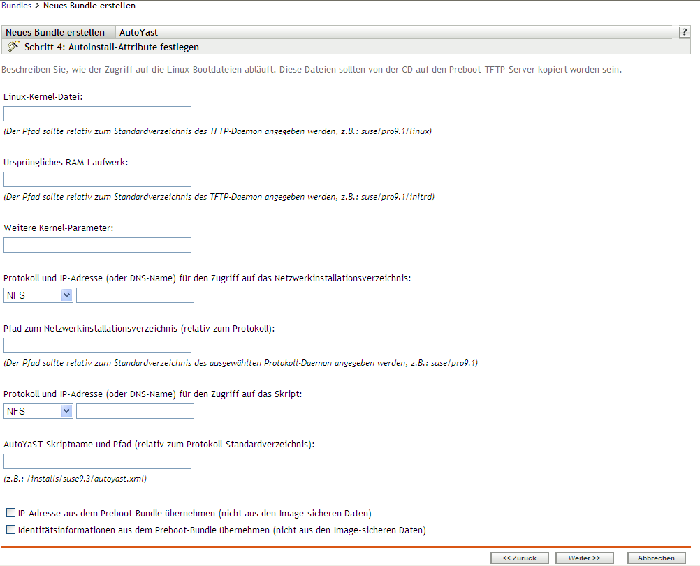 Seite "Schritt 4" zum Erstellen eines neuen Bundles: "AutoInstall-Attribute festlegen" (Felder "Linux-Kernel-Datei" und "Ursprüngliches RAM-Laufwerk")