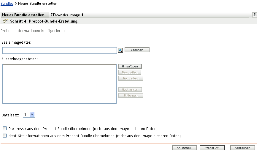 Seite "Schritt 4" zum Erstellen eines neuen Bundles: Preboot-Bundle-Erstellung (Felder "Basis-Image-Datei", "Zusatz-Image-Datei", "Dateisatz")