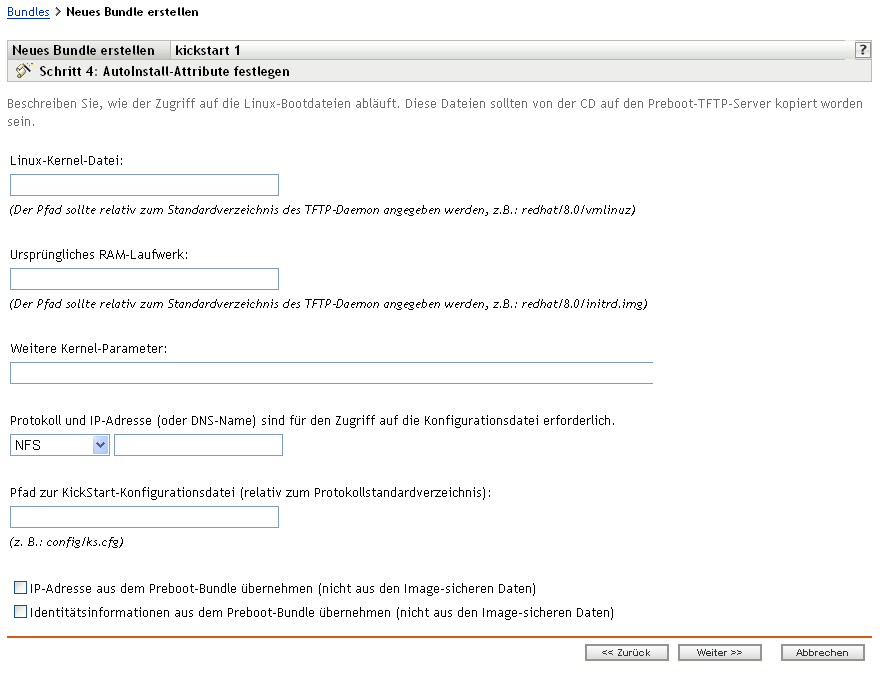 Seite "Schritt 4" zum Erstellen eines neuen Bundles: "AutoInstall-Attribute festlegen" (Felder "Linux-Kernel-Datei" und "Ursprüngliches RAM-Laufwerk")