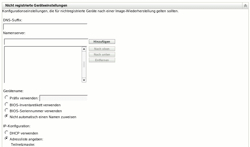 Abschnitt "Nicht registrierte Geräteeinstellungen"