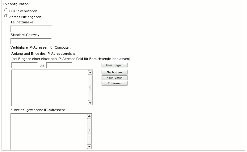Abschnitt "Nicht registrierte Geräteeinstellungen", Bereich "IP-Konfiguration"